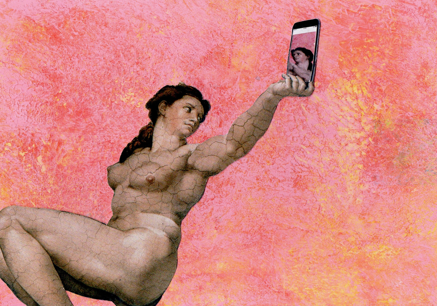 Unique collage art inspired by Michelangelo's Peccato originale, Contemporary reinterpretation of Italian art history with an ironic twist. Original artwork 15x20cm, €490.