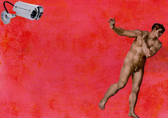 Unique collage art inspired by Michelangelo's La cacciata dal Paradiso. Contemporary reinterpretation of Italian art history with an ironic twist. Original artwork 15cm x 20cm, €490.