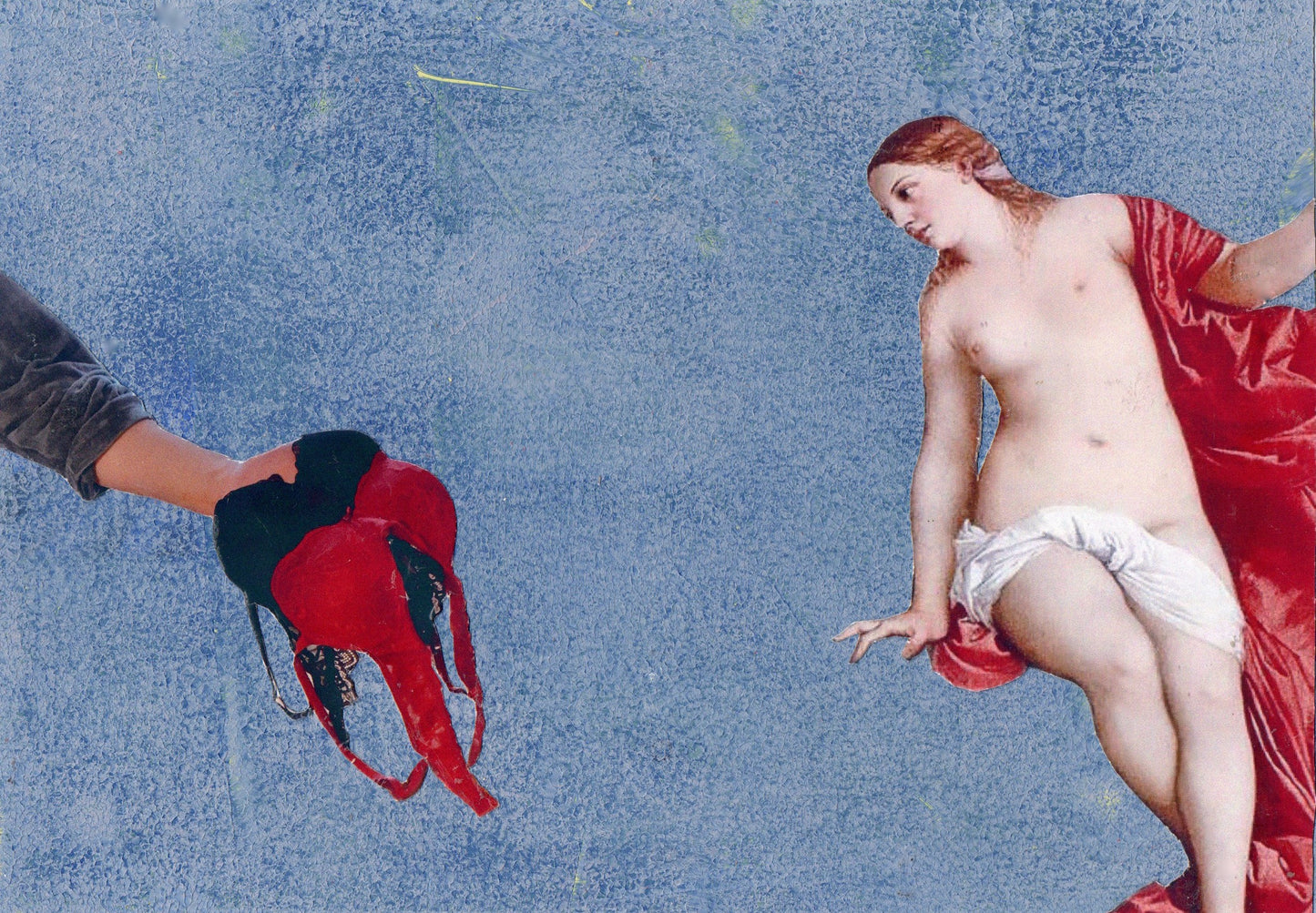 Unique collage art inspired by Tiziano's Amor sacro e Amor profano. Contemporary reinterpretation of Italian art history with an ironic twist. Original artwork 15cm x 20cm, €490.-