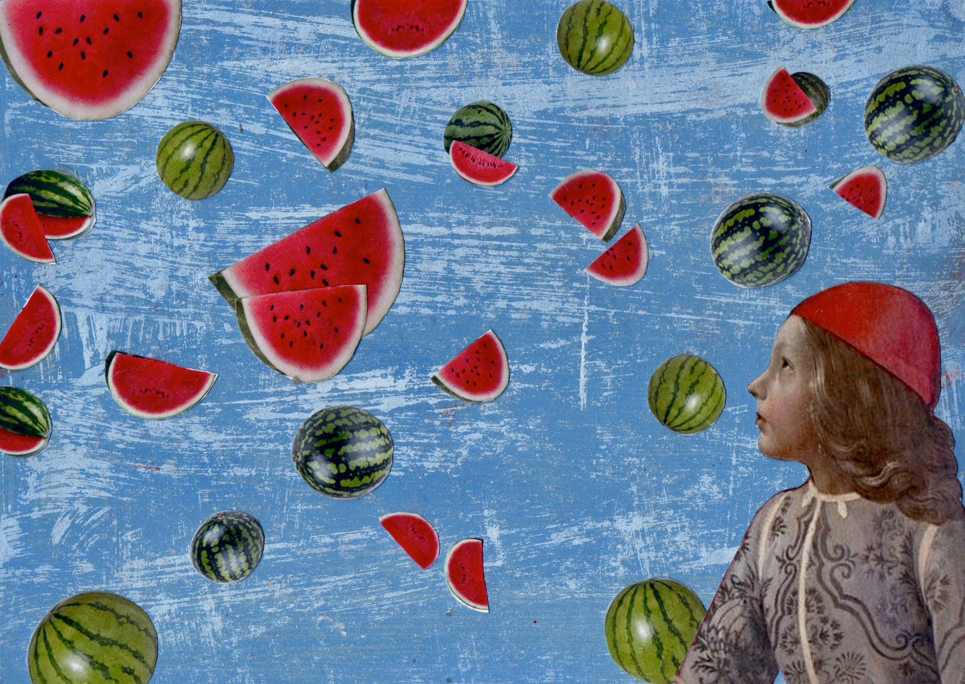 "Greetings from Italy Collage - Contemporary art featuring Ghirlandaio's portrait with flying watermelons on monochrome background Original artwork. 15cm x20cm, 490,- EU