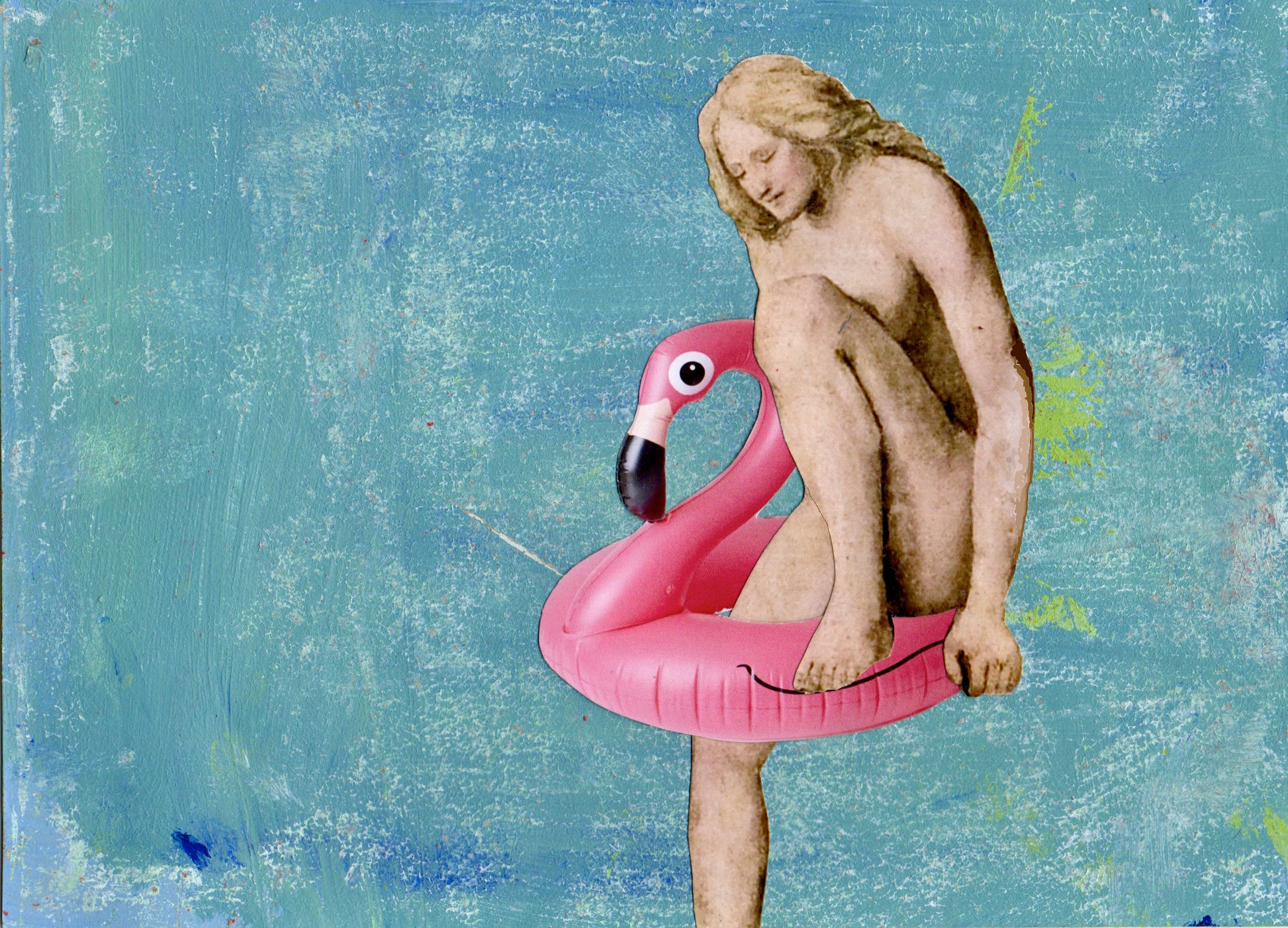 Unique collage art inspired by Bernardino Luini's Fanciulle al bagno. Contemporary reinterpretation of Italian art history with an ironic twist. Original artwork 15cmx20cm, €490.