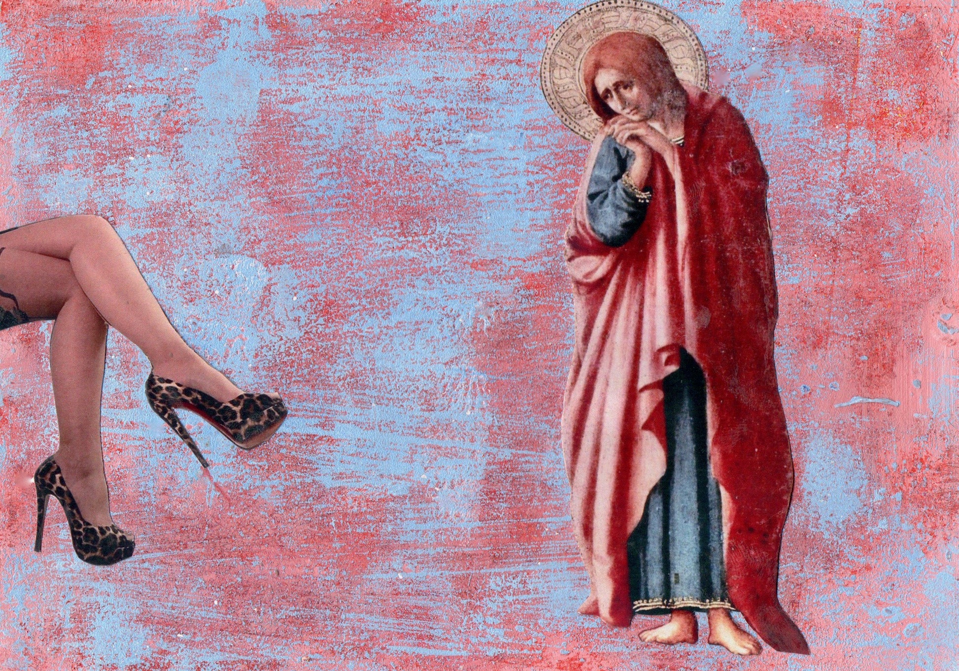 Unique collage art inspired by Masaccio's Crocifissione. Contemporary reinterpretation of Italian art history with an ironic twist. Original artwork, 15x20cm, €490.