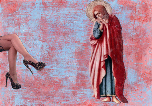 Unique collage art inspired by Masaccio's Crocifissione. Contemporary reinterpretation of Italian art history with an ironic twist. Original artwork, 15x20cm, €490.