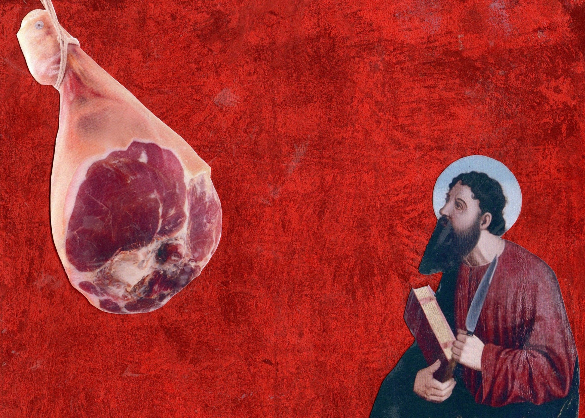 Unique collage art inspired by Benedetto Carpaccio's Madonna in trono fra i santi Tommaso e Bartolomeo. Contemporary reinterpretation of Italian art history with an ironic twist. Original artwork 15x20cm, €490.