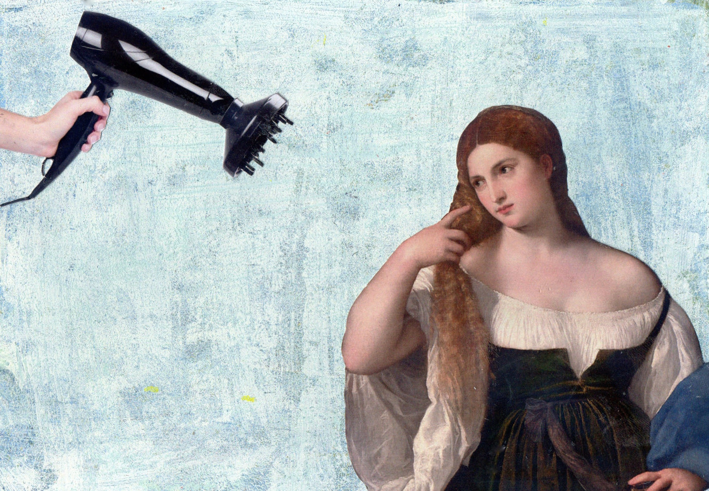 Unique collage art inspired by Tiziano's Giovane donna al bagno
 Contemporary reinterpretation of Italian art history with an ironic twist. Original artwork 
15cm x 20cm, 
€490.
