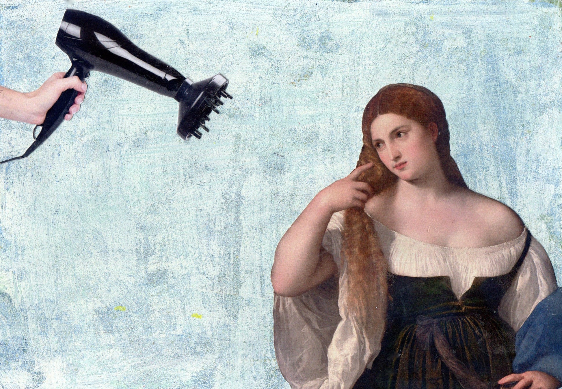 Unique collage art inspired by Tiziano's Giovane donna al bagno
 Contemporary reinterpretation of Italian art history with an ironic twist. Original artwork 
15cm x 20cm, 
€490.
