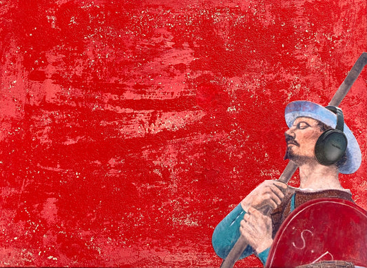 Unique collage art inspired by Piero Della Francesca's Resurrezione. Contemporary reinterpretation of Italian art history with an ironic twist. Original artwork 
15cm x 20cm, 
€490.
