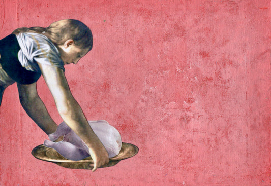 
Unique collage art inspired by Caravaggio's Decollazione di Giovanni Battista. Contemporary reinterpretation of Italian art history with an ironic twist. Original artwork 15cm x 20cm, 
€490.