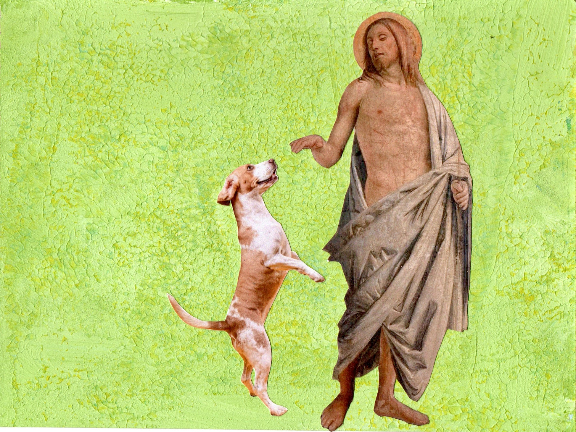 
Unique collage art inspired by Bramantino's Noli me tangere. Contemporary reinterpretation of Italian art history with an ironic twist. Original artwork 15cmx20cm, €490.-