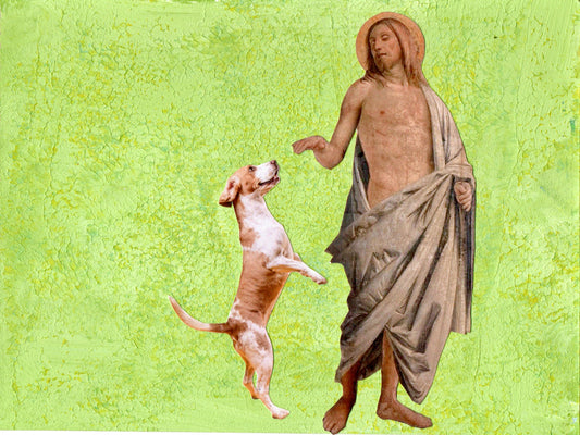 
Unique collage art inspired by Bramantino's Noli me tangere. Contemporary reinterpretation of Italian art history with an ironic twist. Original artwork 15cmx20cm, €490.-