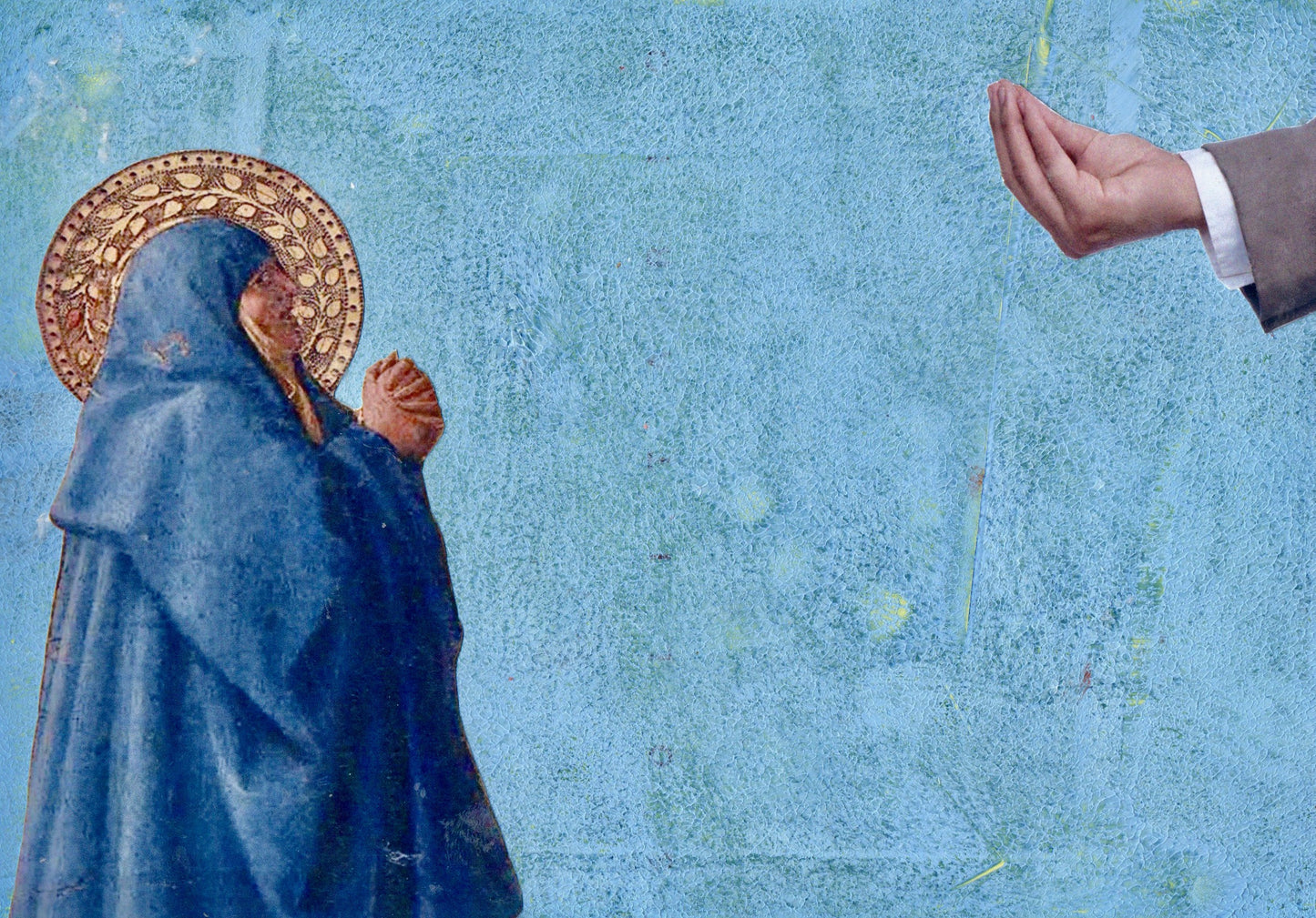 Unique collage art inspired by Masaccio's Crocifissione. Contemporary reinterpretation of Italian art history with an ironic twist. Original artwork 15x20cm, €490.