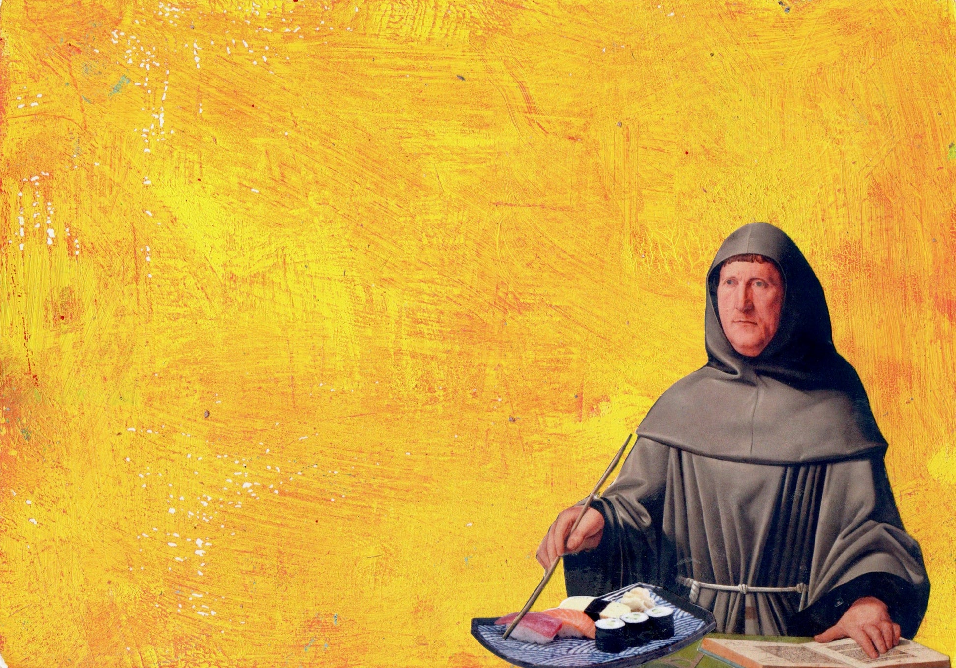 Unique collage art inspired by Jacopo De Barbari's Ritratto di Fra Luca Pacioli. Contemporary reinterpretation of Italian art history with an ironic twist. Original artwork 15cm x 20cm, €490.-