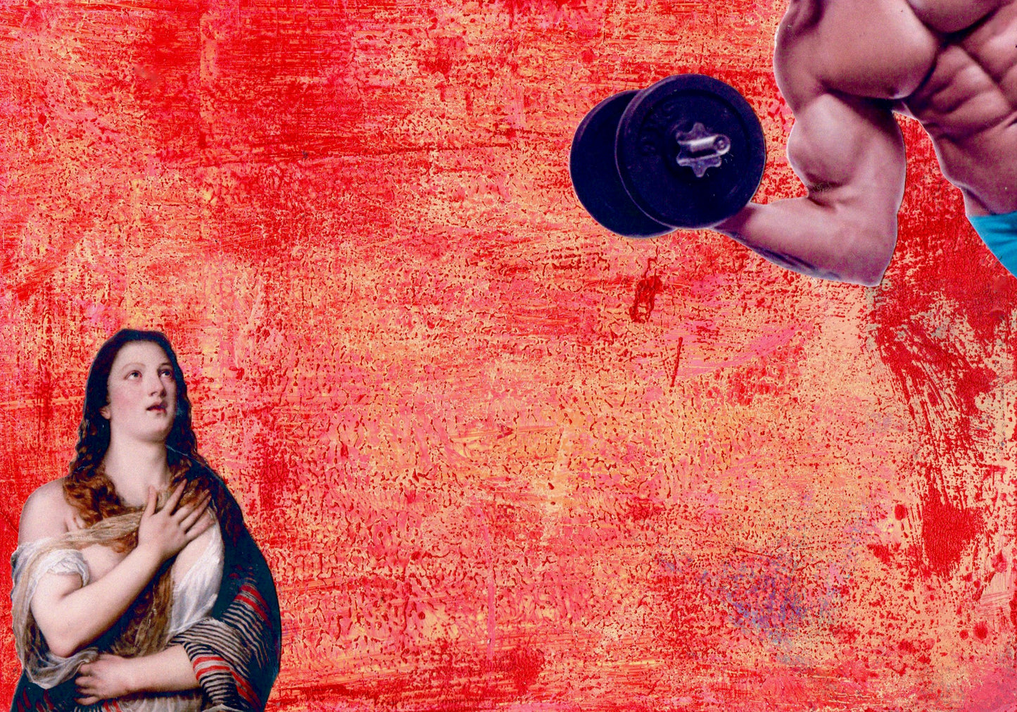 Unique collage art inspired by Tiziano's Maddalena penitente. Contemporary reinterpretation of Italian art history with an ironic twist. Original artwork 15x20cm, €490.